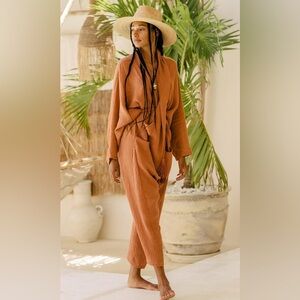 Myrah Penaloza Amma Playsuit in Coral. Crinkle Linen. Preowned.